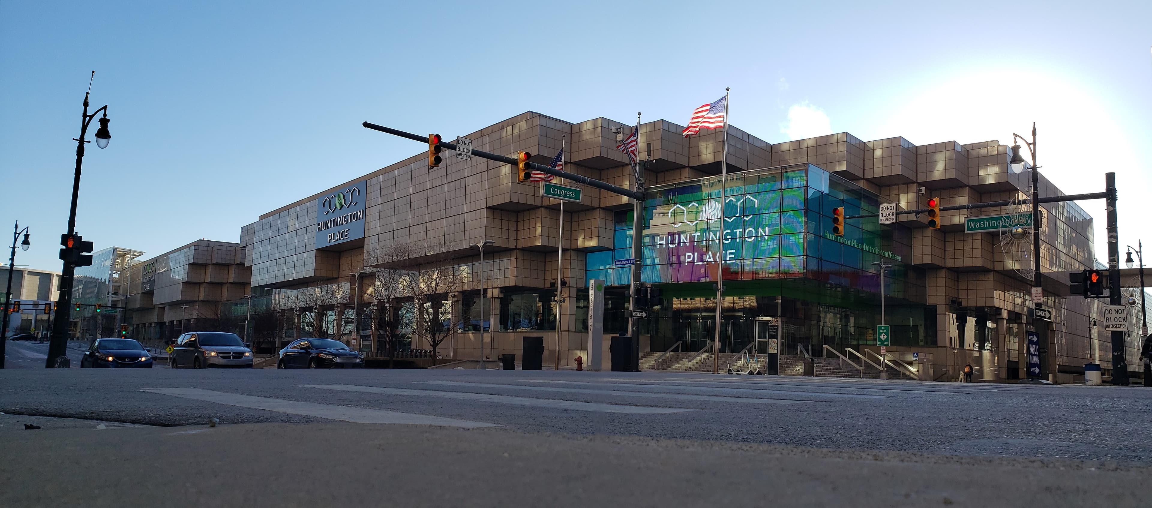 Huntington Place in Detroit, site known for Detroit's 2020 election ballot counting, photographed in 2022