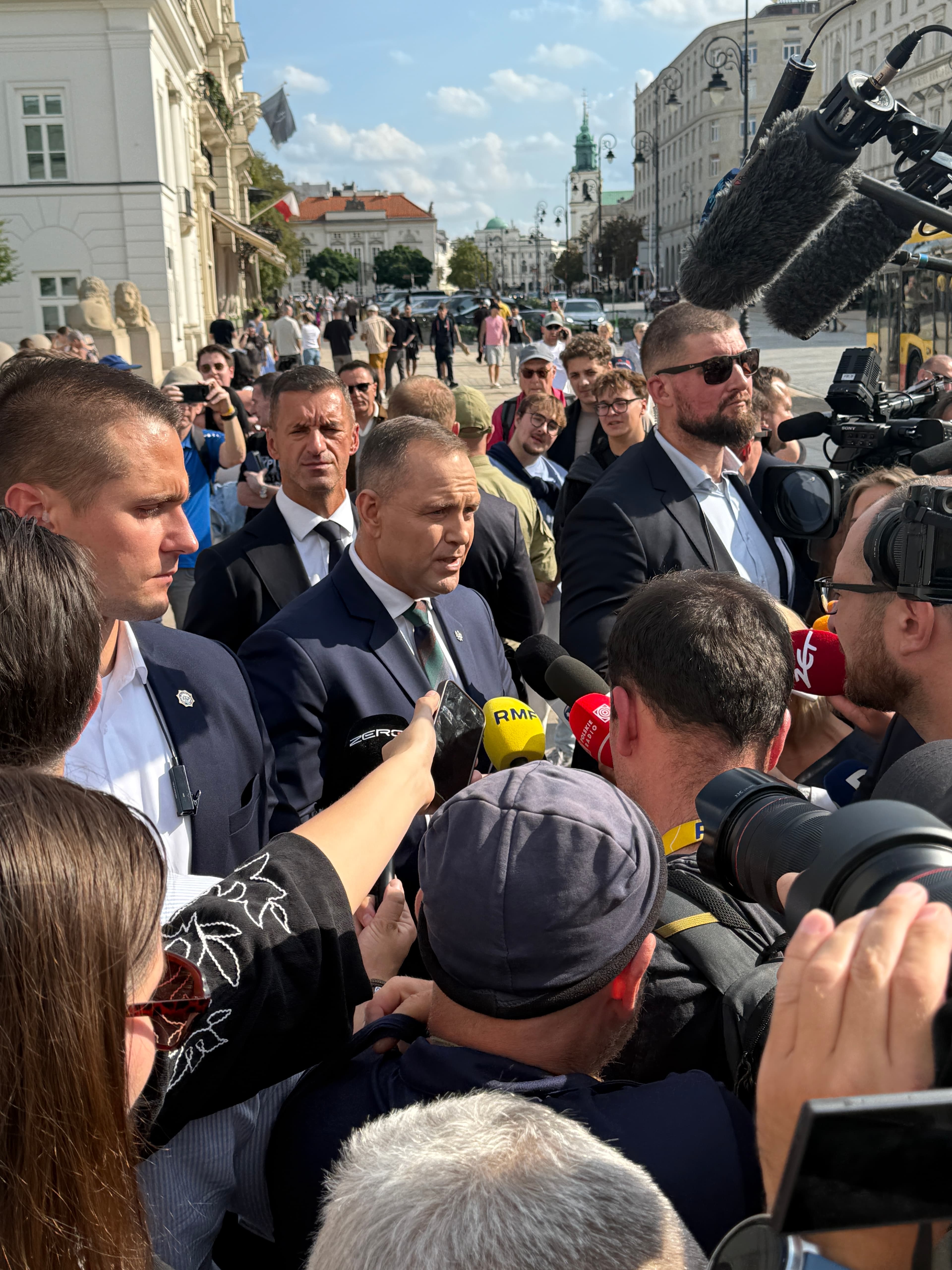 Polish President Karol Nawrocki at a press conference in 2026.