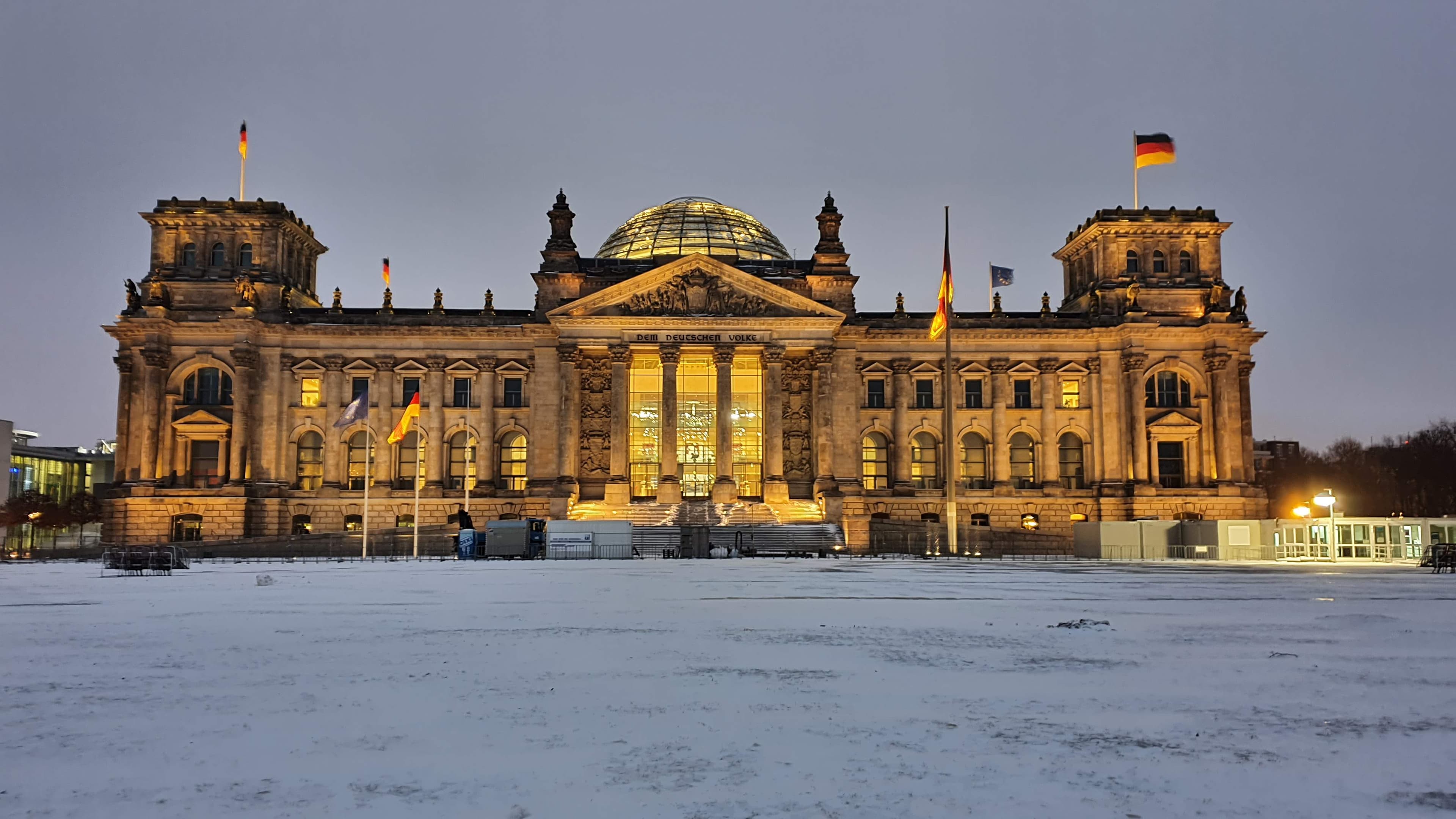 Reichstag building in Berlin housing the German Bundestag, photographed in winter