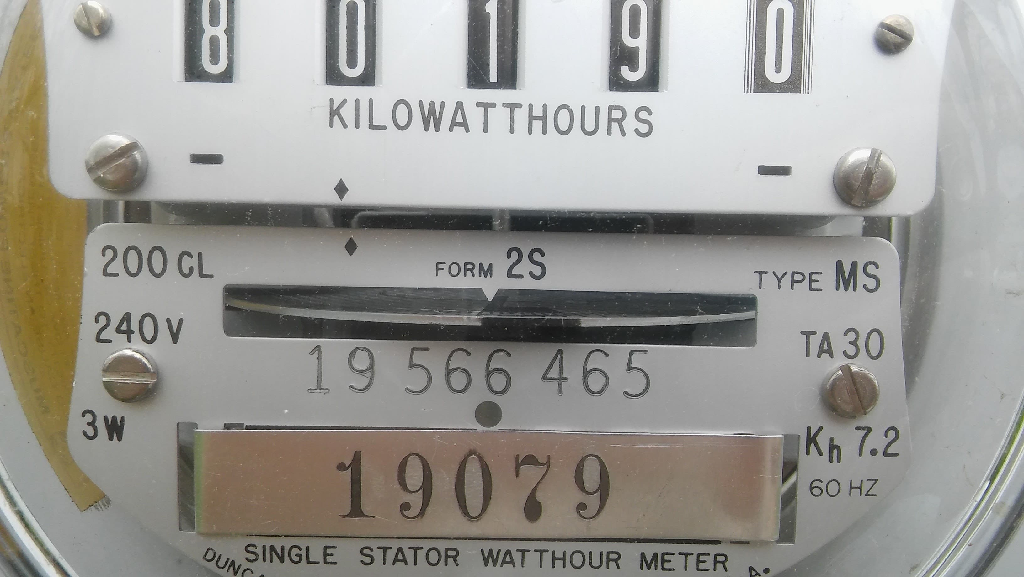 Close view of an electricity meter measuring household power usage