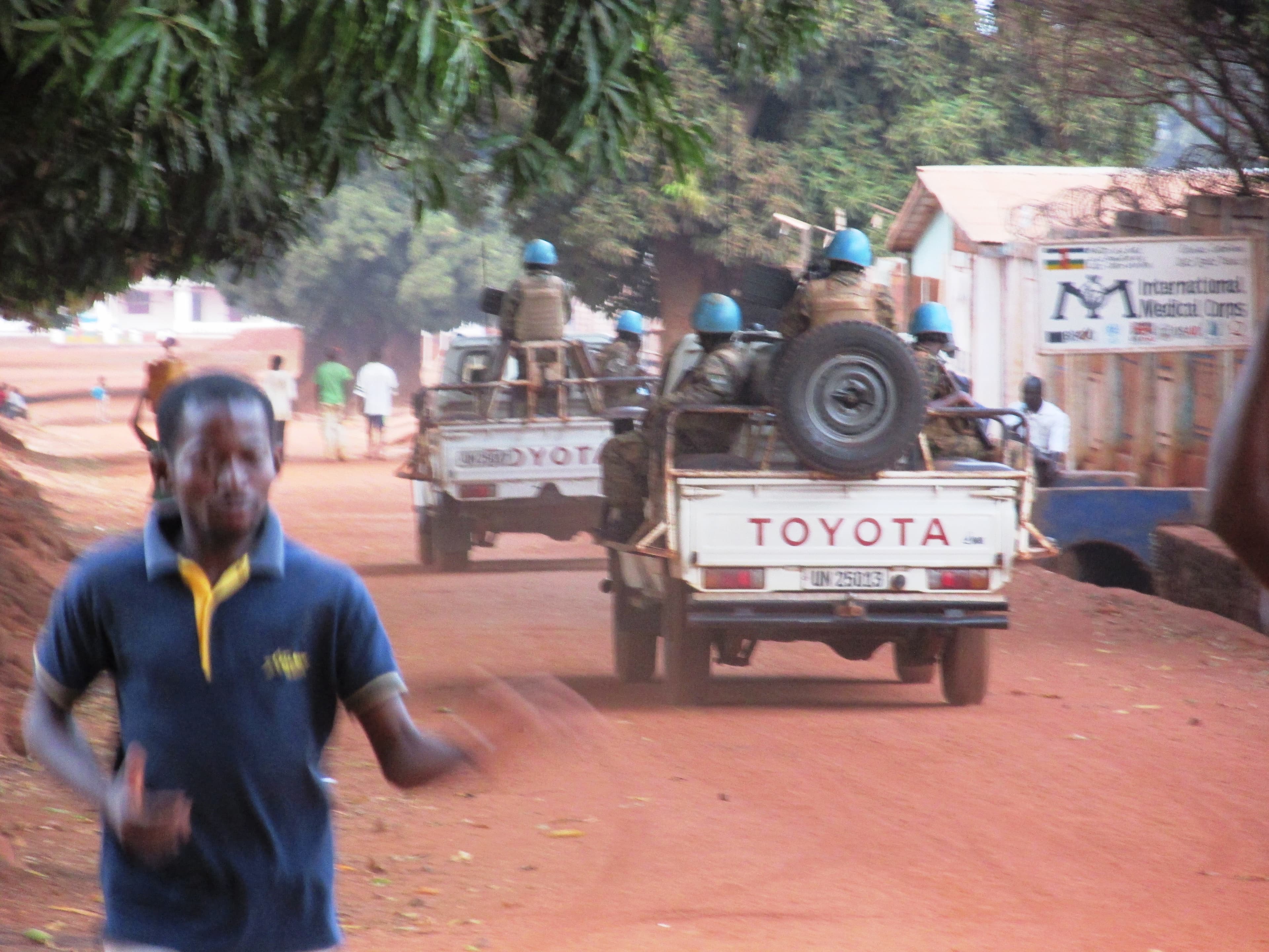 MINUSCA peacekeepers patrol a street in Bria, Central African Republic