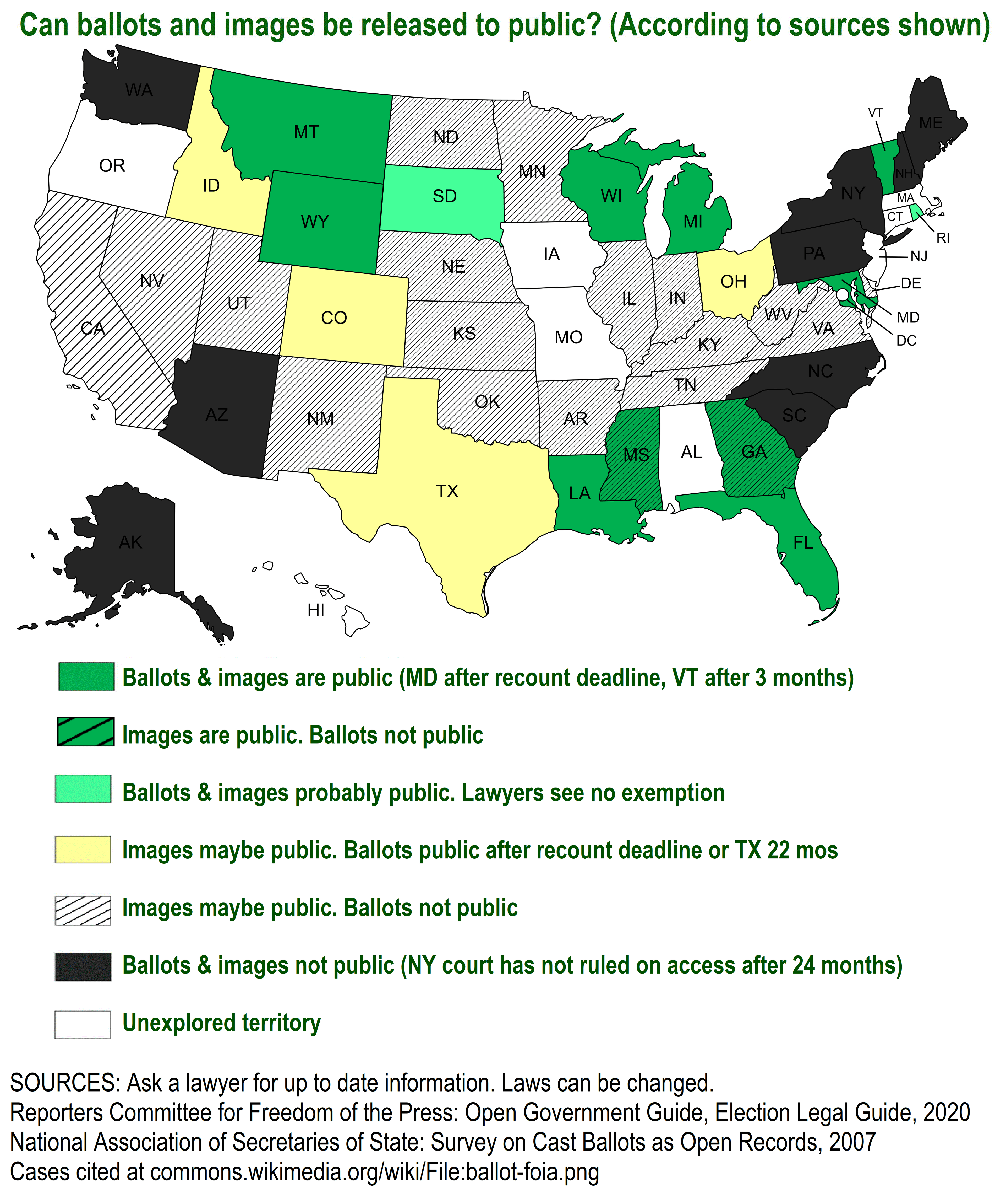 This map compiles information from lawyers writing in 2019-2020 for the Reporters Committee for Freedom of the Press (RCFP), a 2007 survey by the National Assoc