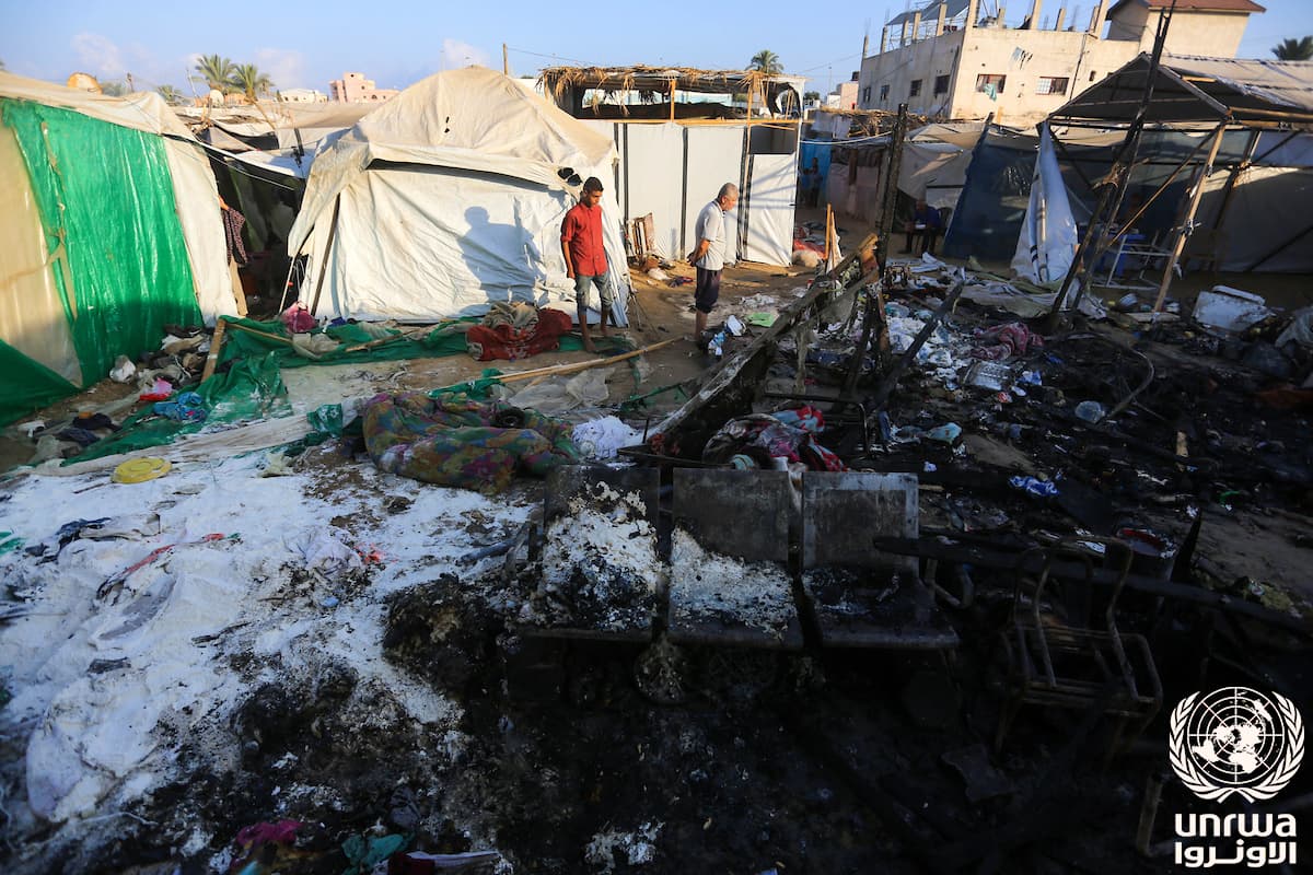 Aftermath of an Israeli attack on tents for displaced people in Deir al-Balah, Gaza Strip